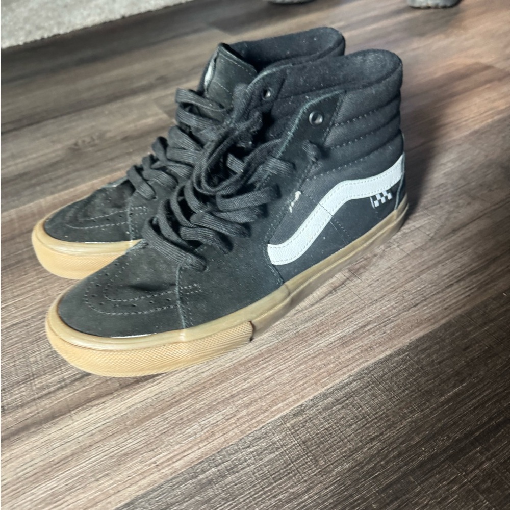 Vans Men's Black and White High-Top Sneakers with Tan Sole